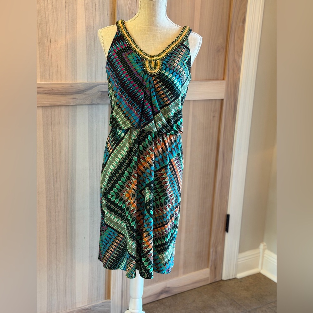 Madison Leigh Geometric Pattern Dress. Colorful | Beaded |Sleeveless Womens Sz-6